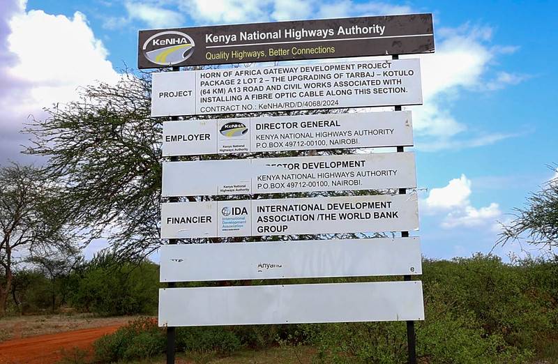 A project signboard for the Kenya National Highways Authority road corridor.